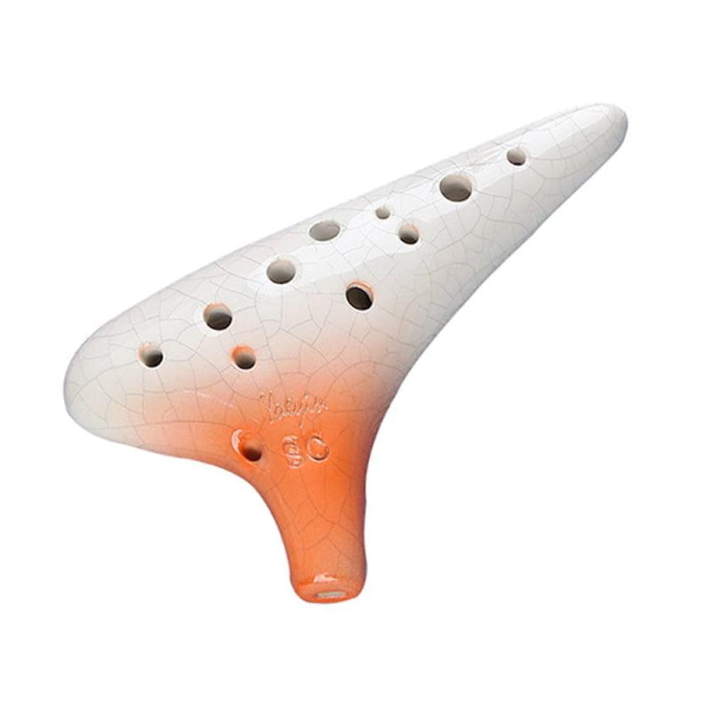 White and orange ceramic ocarina with 12 finger holes for soprano melodies