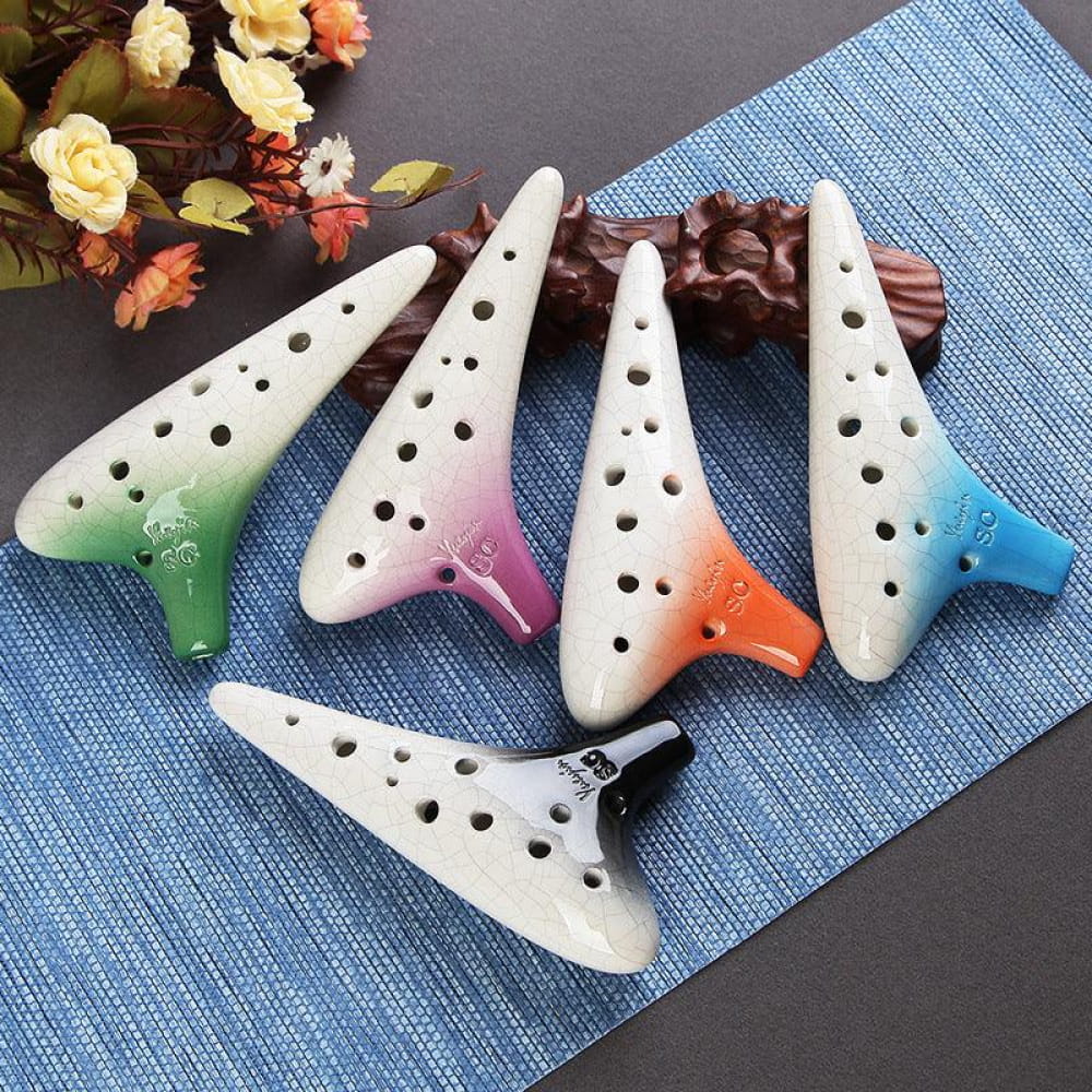Colorful glazed tip Ceramic Ocarinas in a fan pattern for the 12 Hole Soprano