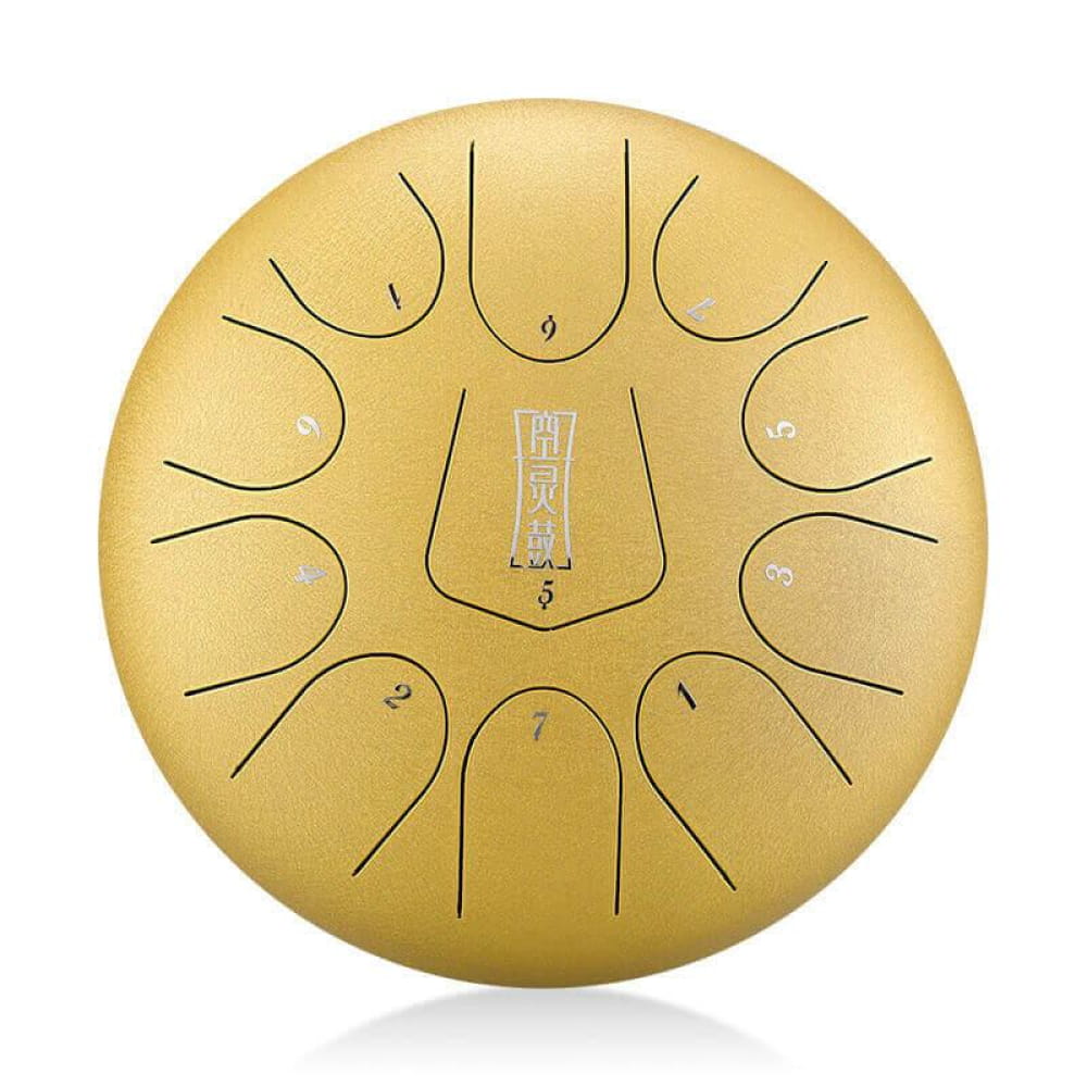 Golden Steel Tongue Drum with 11 Tonal Sections in C Key Triangle Style Design