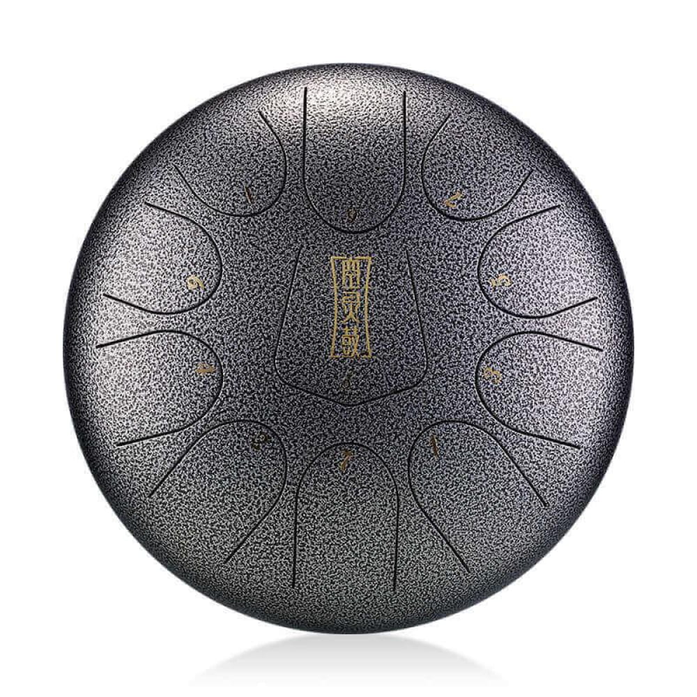 Metallic steel tongue drum with etched circular segments in C key, 10-inch alloy design