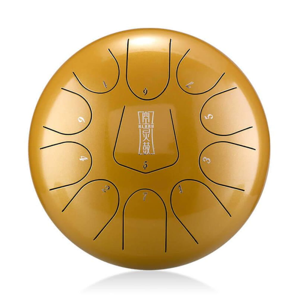 Golden 10-Inch Alloy Steel Tongue Drum with 11 Notes in C Key and curved tone zones