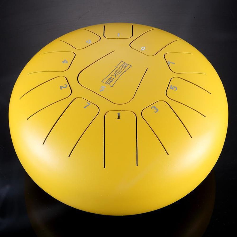 Yellow 12-Inch Carbon Steel Tongue Drum with numbered notes in C Key
