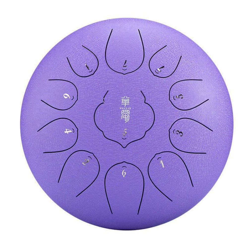 Purple steel tongue drum with numbered tone zones in circular pattern, 12-Inch, 11 Notes D Key