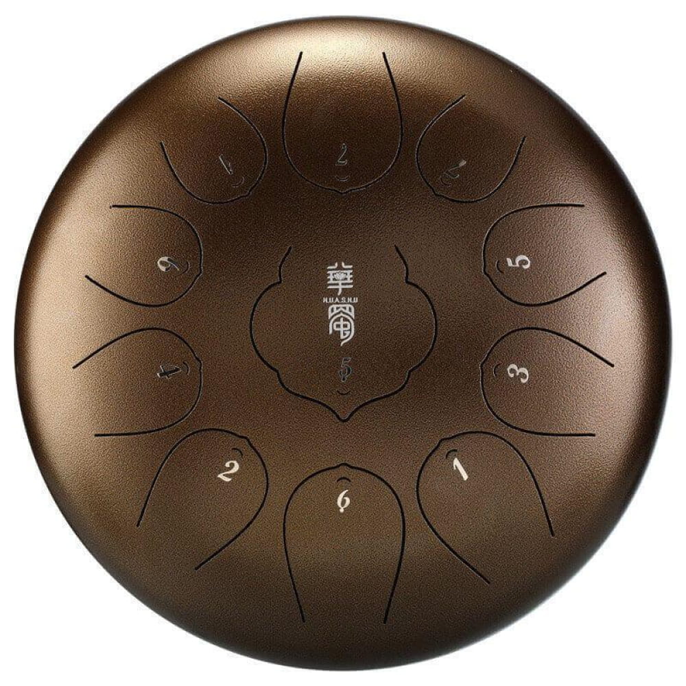 Bronze-colored steel tongue drum with circular numbered tone fields in D Key