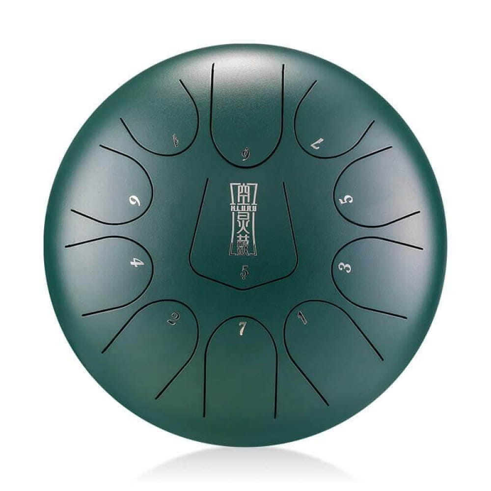 Dark green 12-Inch Triangle Steel Tongue Drum with numbered tone zones in a circle