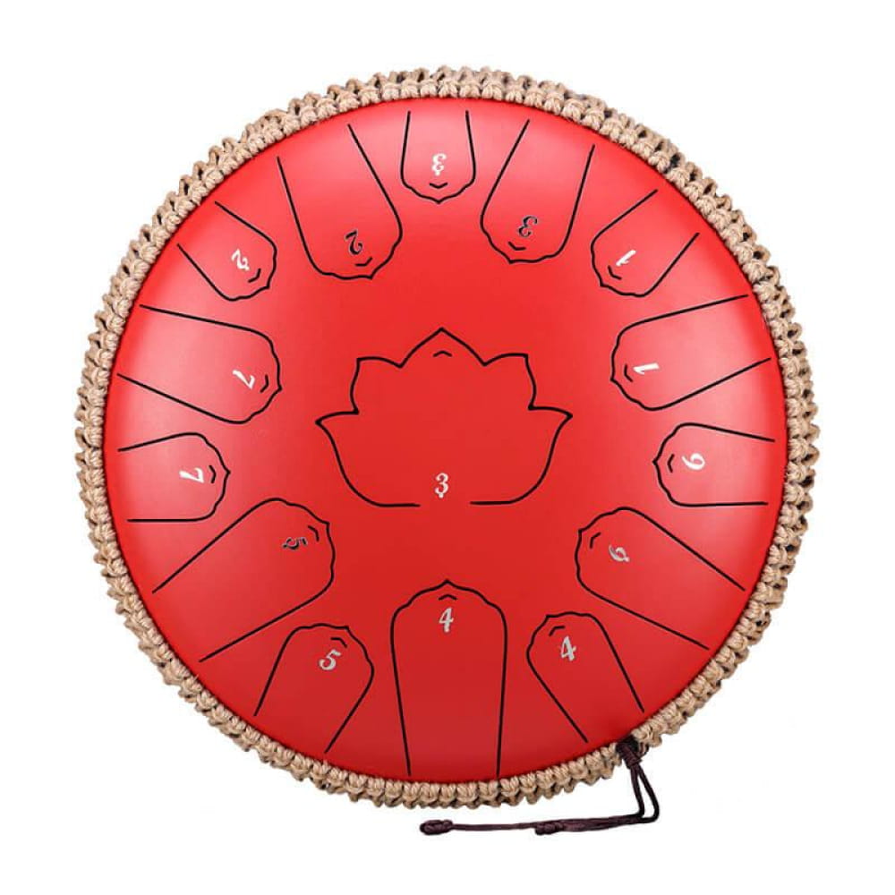 Red steel tongue drum with numbers and decorative trim, 13-inch C Major instrument