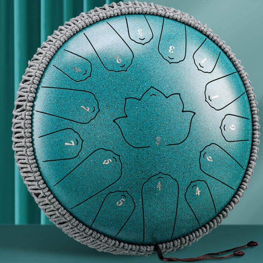 Turquoise steel tongue drum with lotus design and gray trim, 15 notes in C Major