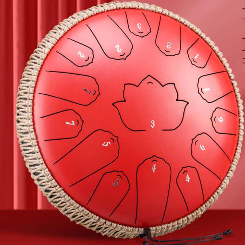 Red steel tongue drum with lotus design, 13-inch, 15 notes in C Major
