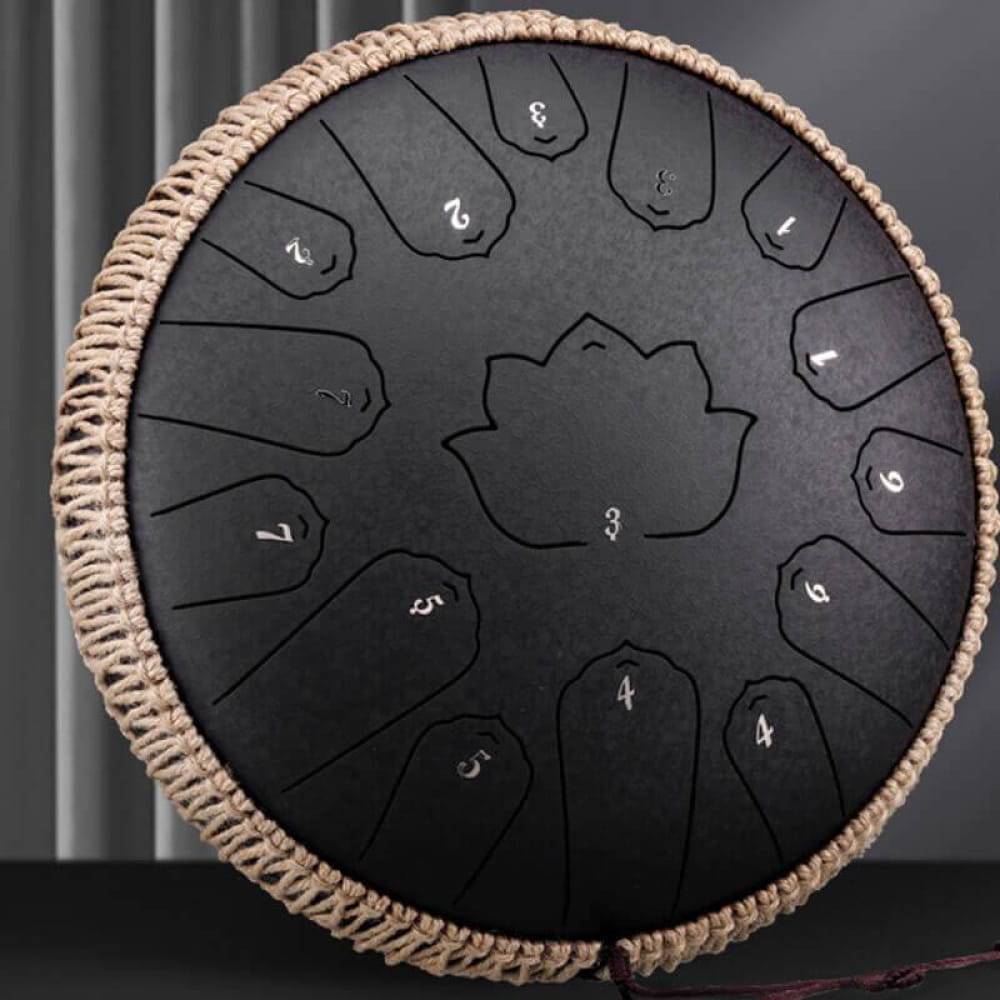 Black steel tongue drum with rope-wrapped rim, 13-inch Carbon Steel, 15 Notes C Major