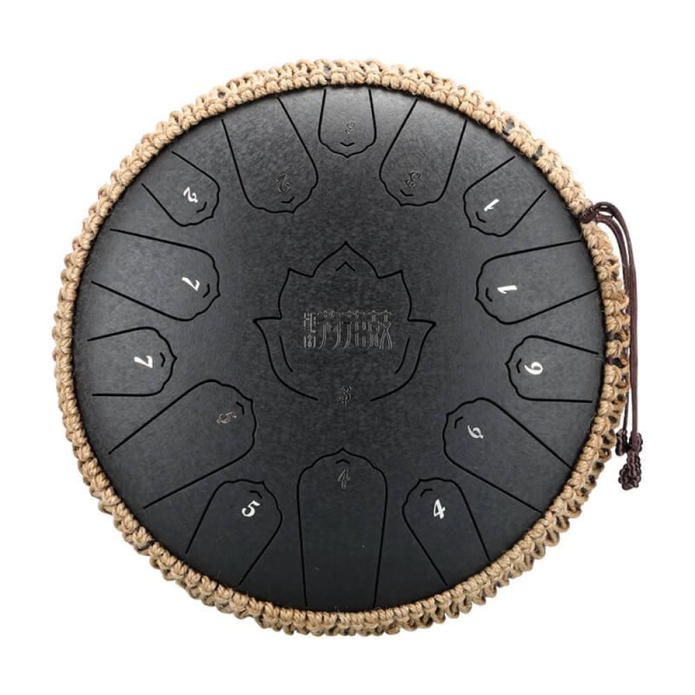 Black steel tongue drum with rope trim, 13-Inch 15-Note C Major Carbon Steel model