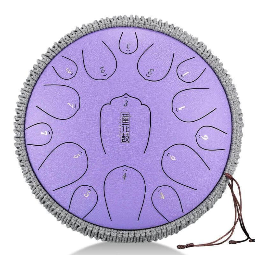 Purple Steel Tongue Drum with Grey Fringe and Numbered Tone Markers, 13 Inches