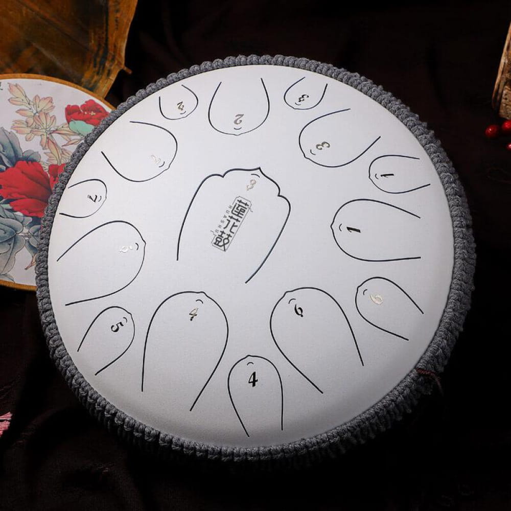 White steel tongue drum with numbered zones, 13-Inch Carbon Steel, 15 Notes C Key