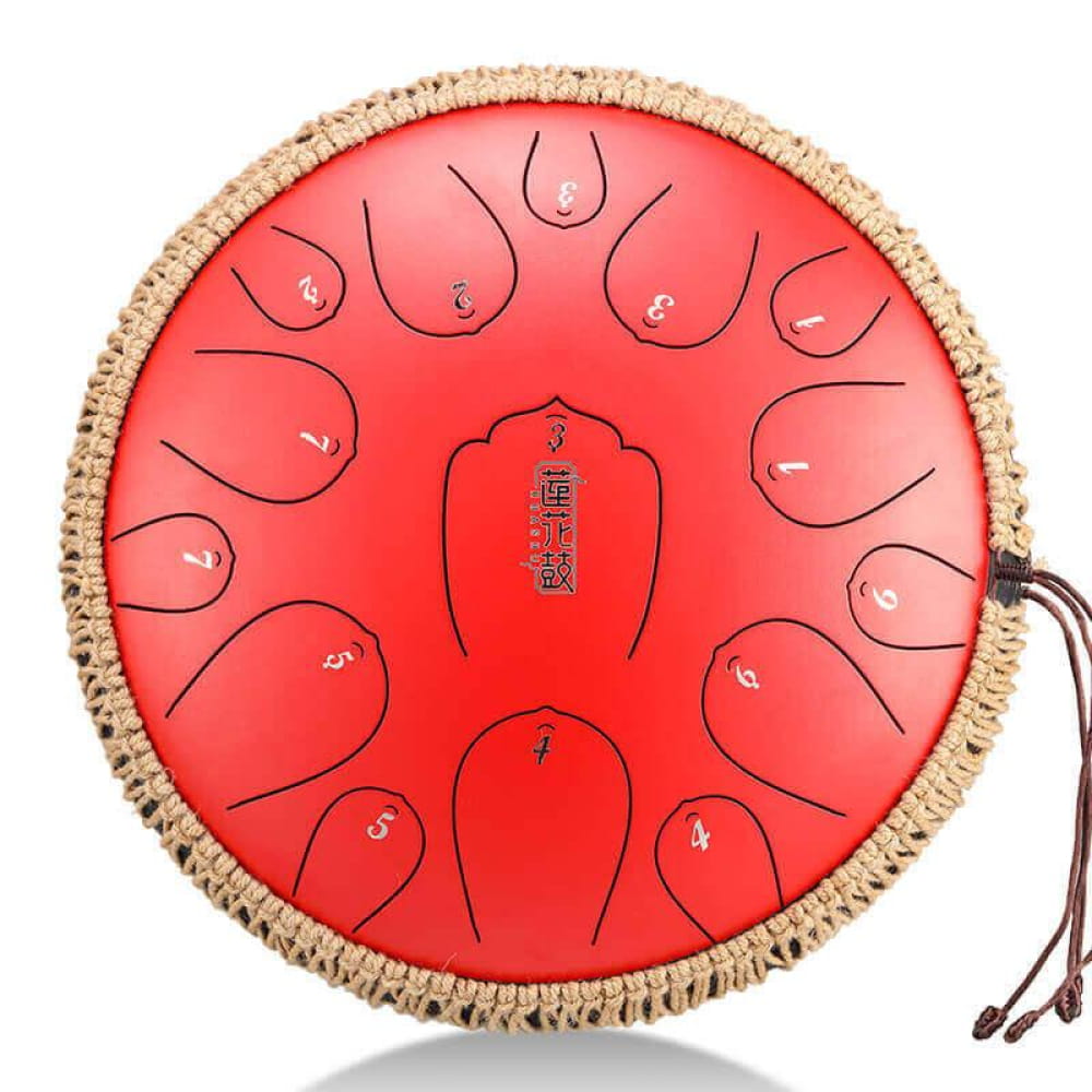 Red Carbon Steel Tongue Drum with numbered tone zones and woven rope edge trim