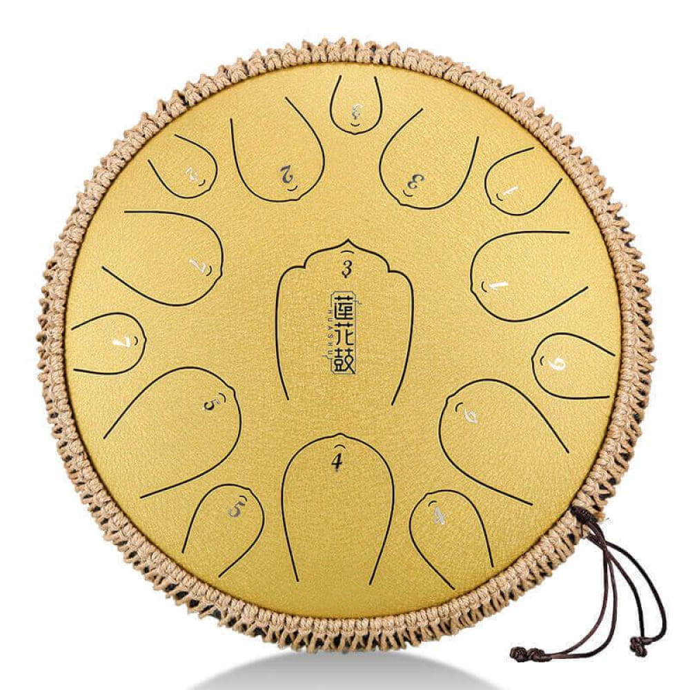 Circular steel tongue drum with decorative fringe and numbered tone zones in D Key