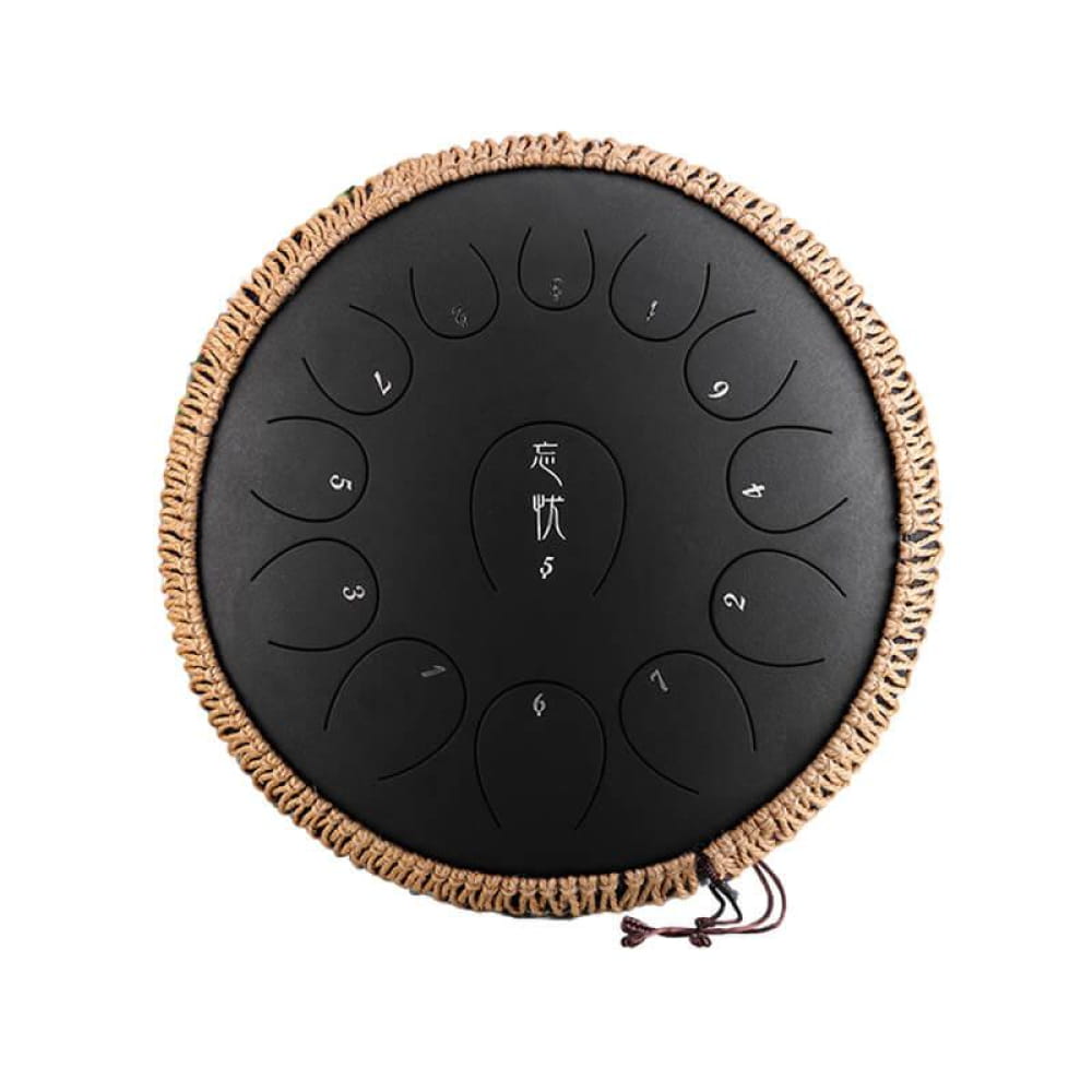 Black Steel Tongue Drum with Woven Rope Edge, 13-Note C Major, 14 Inches