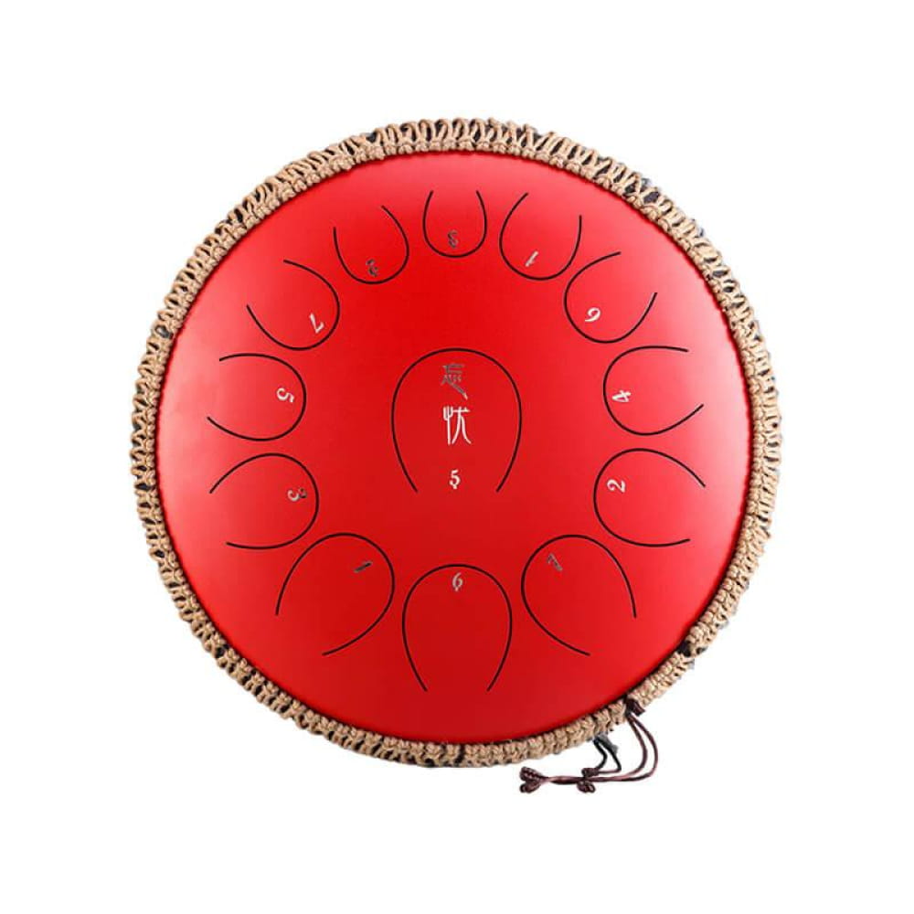 Red steel tongue drum with circular note patterns, 14-inch C Major Carbon Steel design