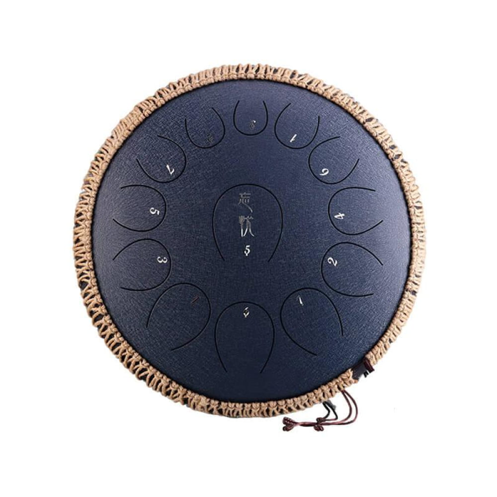 13-Note C Major Carbon Steel Tongue Drum with black surface and woven rope trim