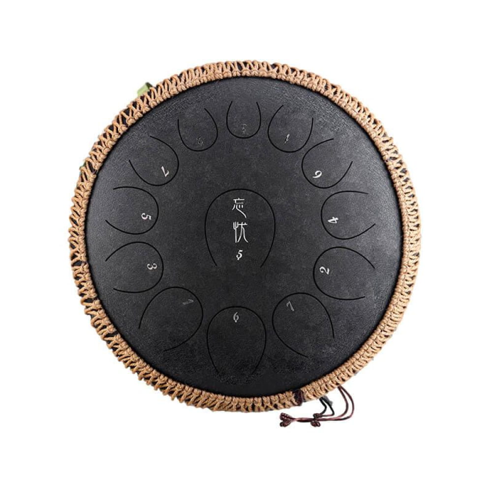 Black steel tongue drum with woven rope border and numbered tone zones, 13-Note C Major