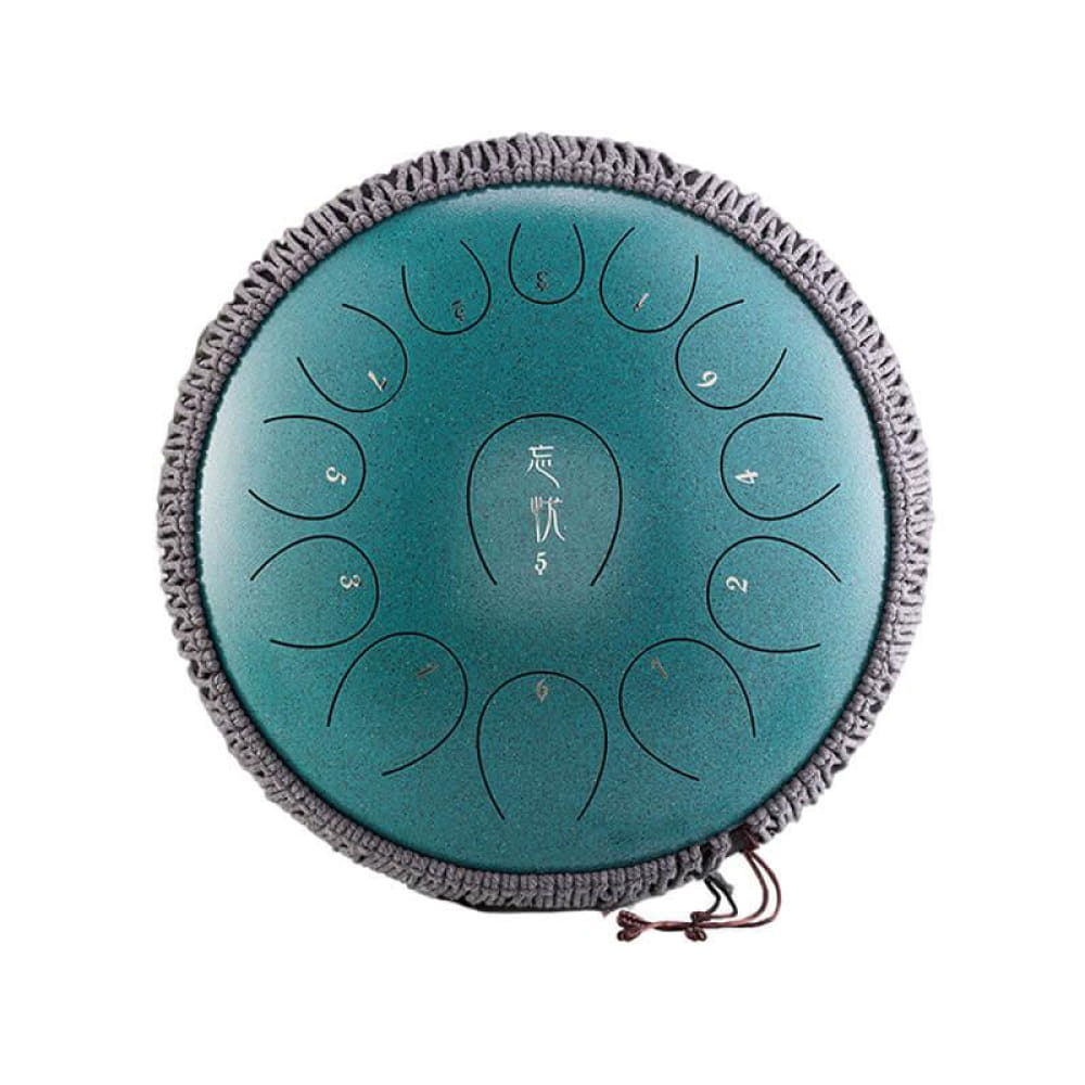 Teal 13-Note C Major Carbon Steel Tongue Drum with gray rim and strap