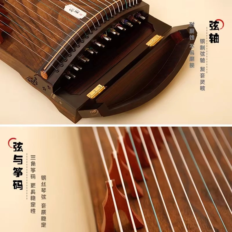 Traditional Chinese Guzheng bridge and strings showcasing detailed craftsmanship in solid wood