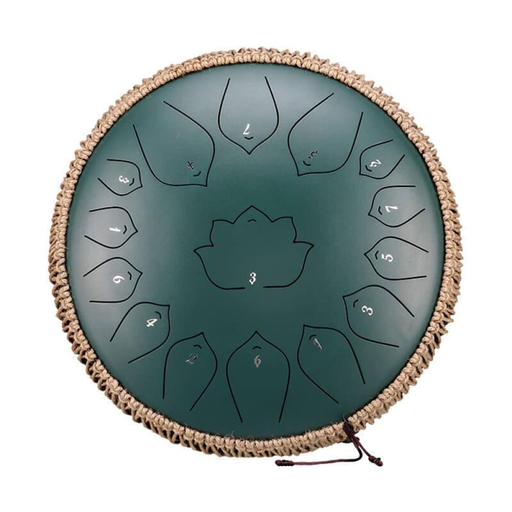 14-Inch 15-Note C Major Steel Tongue Drum with green surface and decorative rope edging