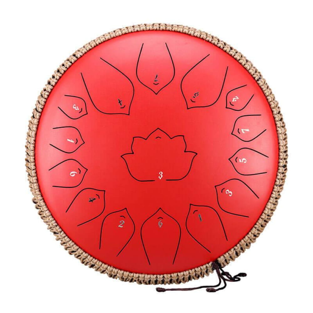 Red steel tongue drum with decorative rope trim, 14-Inch 15-Note C Major model