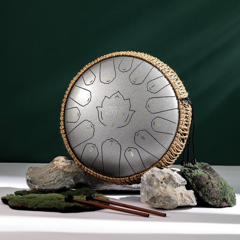 14-Inch 15-Note C Major Steel Tongue Drum with lotus design and woven rim