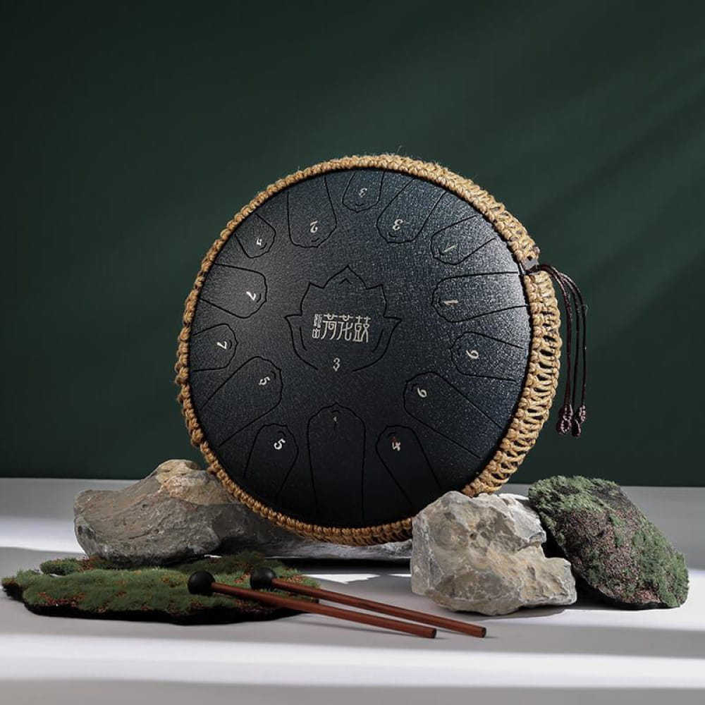 Black steel tongue drum with decorative rope trim in 14-Inch 15-Note C Major design
