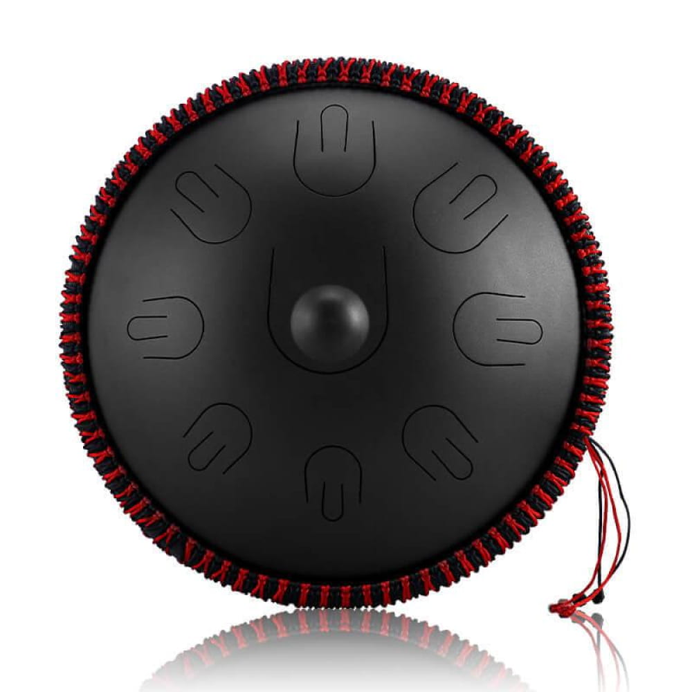 Black 14 Inch 9 Note D Minor Alloy Steel Tongue Drum with red trim and tone fields