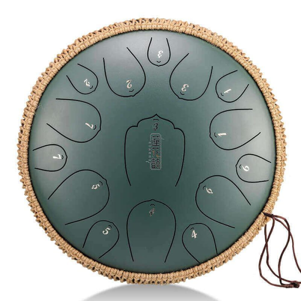 14-Inch Carbon Steel Tongue Drum with woven rope edge and hanging cord in D key
