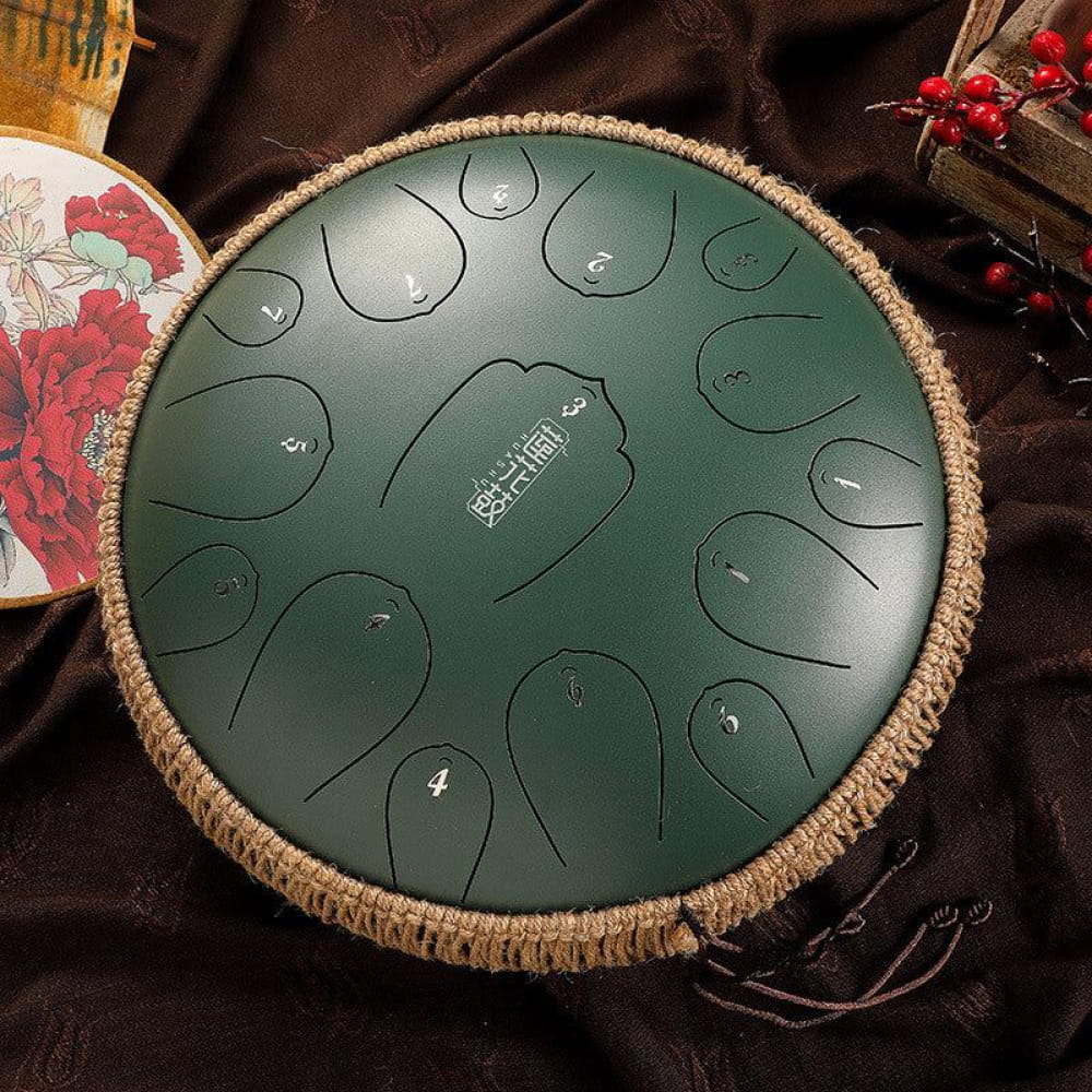 Dark green 14-Inch Carbon Steel Tongue Drum with 15-note D key and circular tone fields