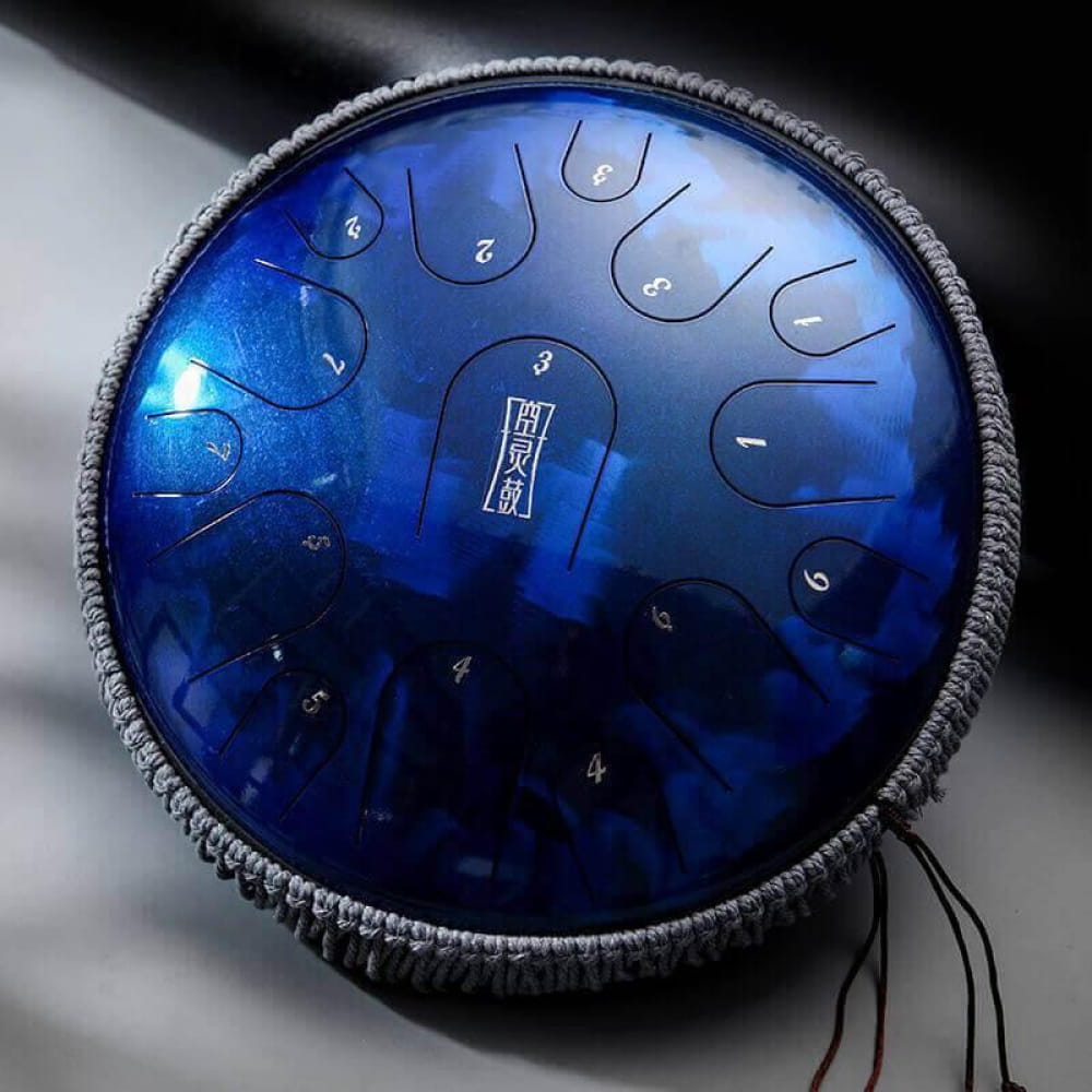 Metallic blue Titanium Steel tongue drum with 15 notes and braided edge trim