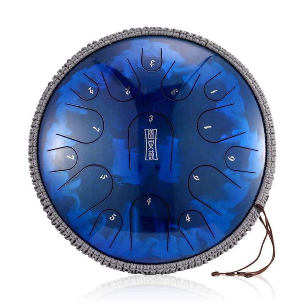 Blue Steel Tongue Drum with 15 notes and decorative trim, 14 Inch Titanium Steel model