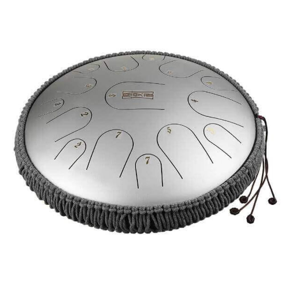 Circular Titanium Steel Tongue Drum with textured fabric trim for meditation music
