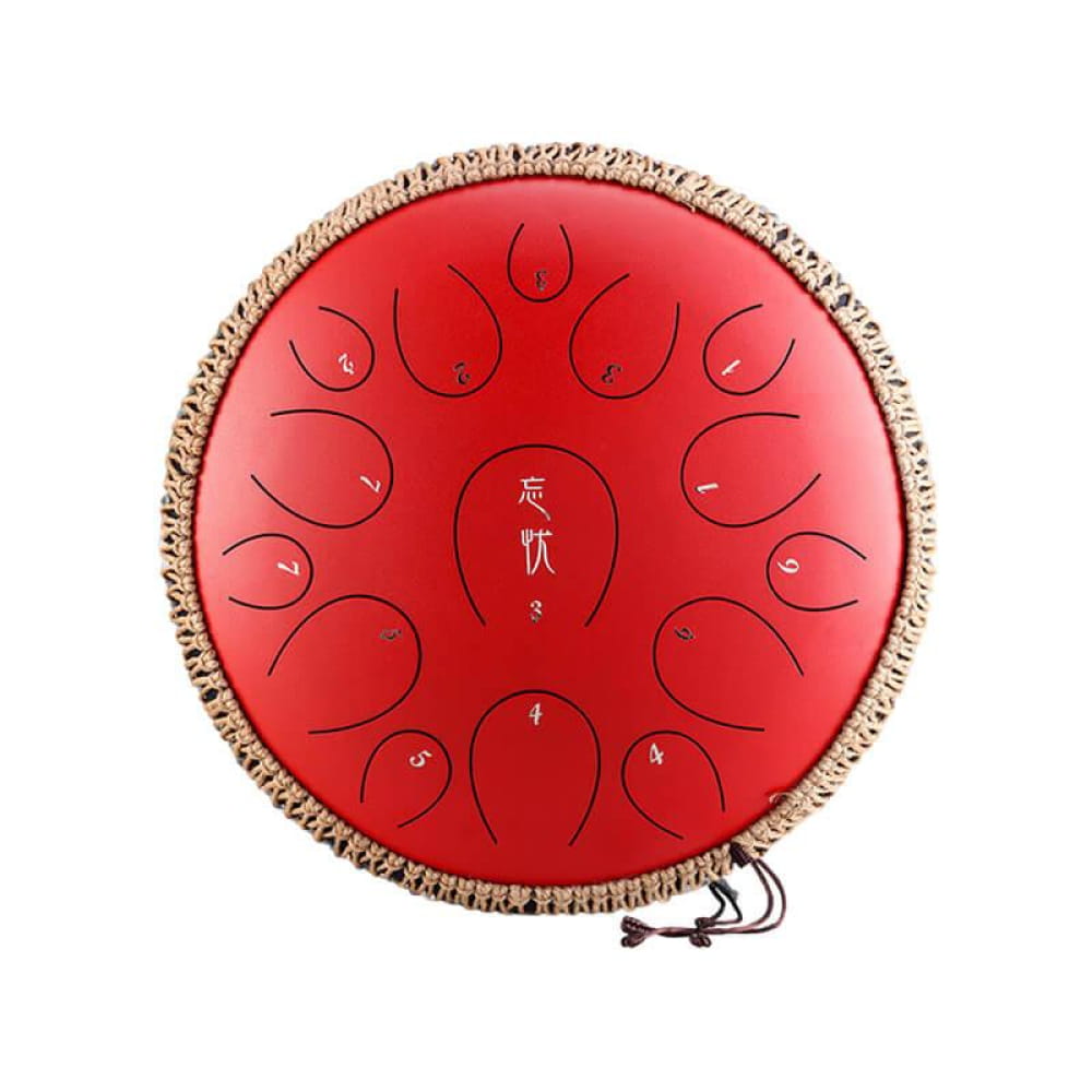Red steel tongue drum with patterns and rope trim, 15-Note C Major, 14 Inches