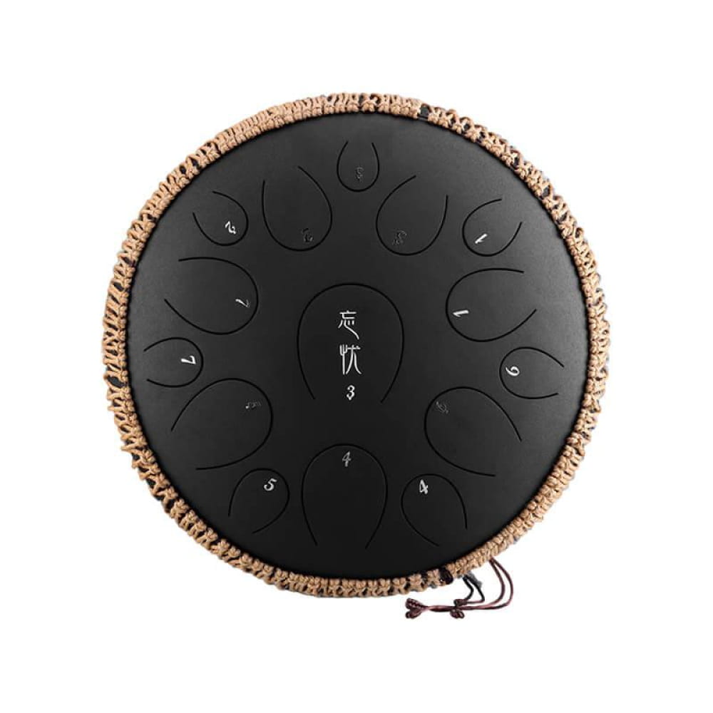 Black steel tongue drum with rope trim, 15-note C Major, 14 inches, musical instrument