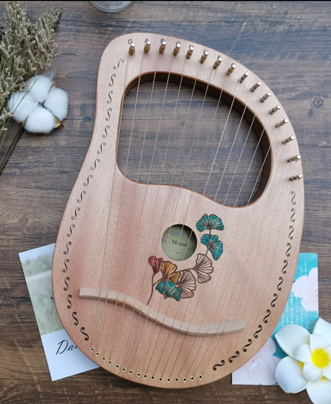 Wooden 16-string Lyre Harp for Beginners with butterfly and leaf artwork