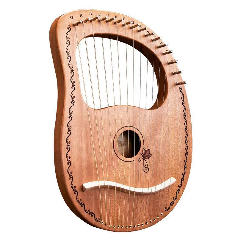 16-String Lyre Harp Instrument with Butterfly Design and decorative vine patterns