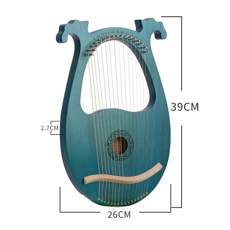 Teal Mahogany Lyre Harp with Metal Strings and Decorative Scrollwork for Music