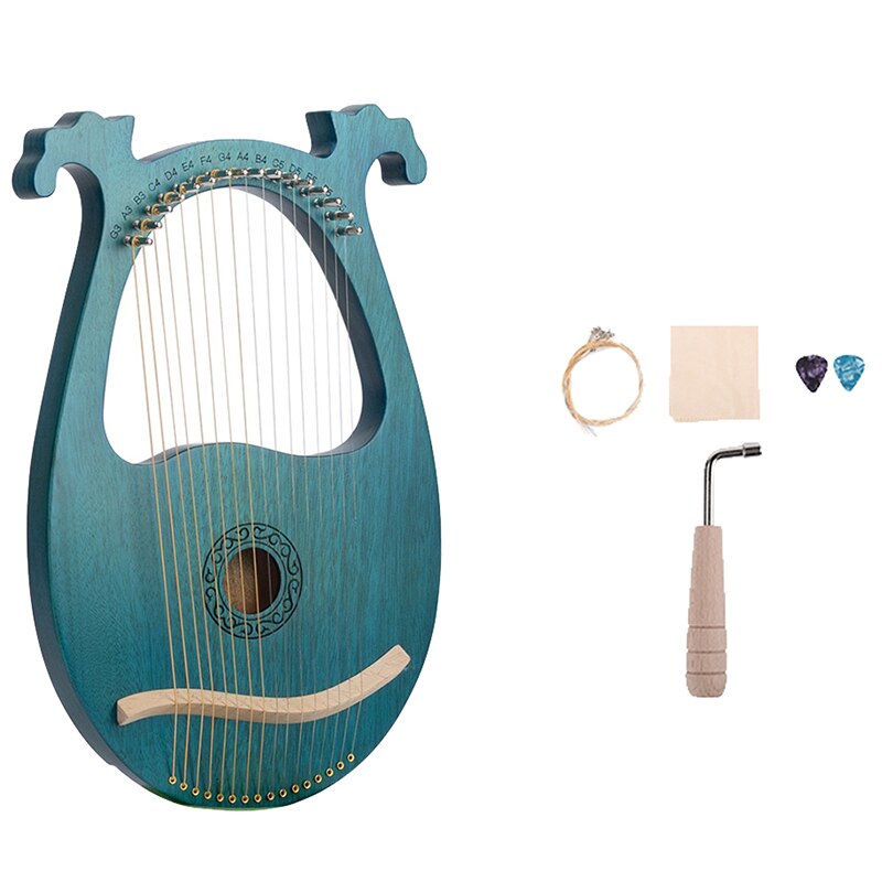 Turquoise lyre harp with metal strings and decorative scroll on Mahogany instrument