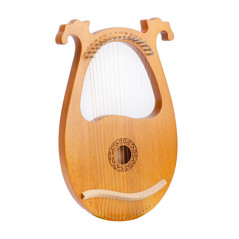 Wooden 16 String Mahogany Lyre Harp Instrument with white strings and decorative sound hole