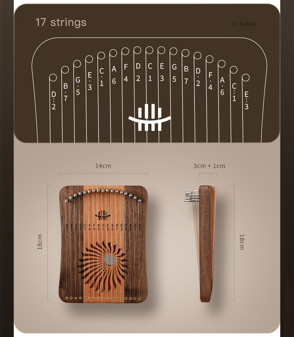Wooden kalimba with 17 metal strings in sunburst pattern by Hluru for music enthusiasts