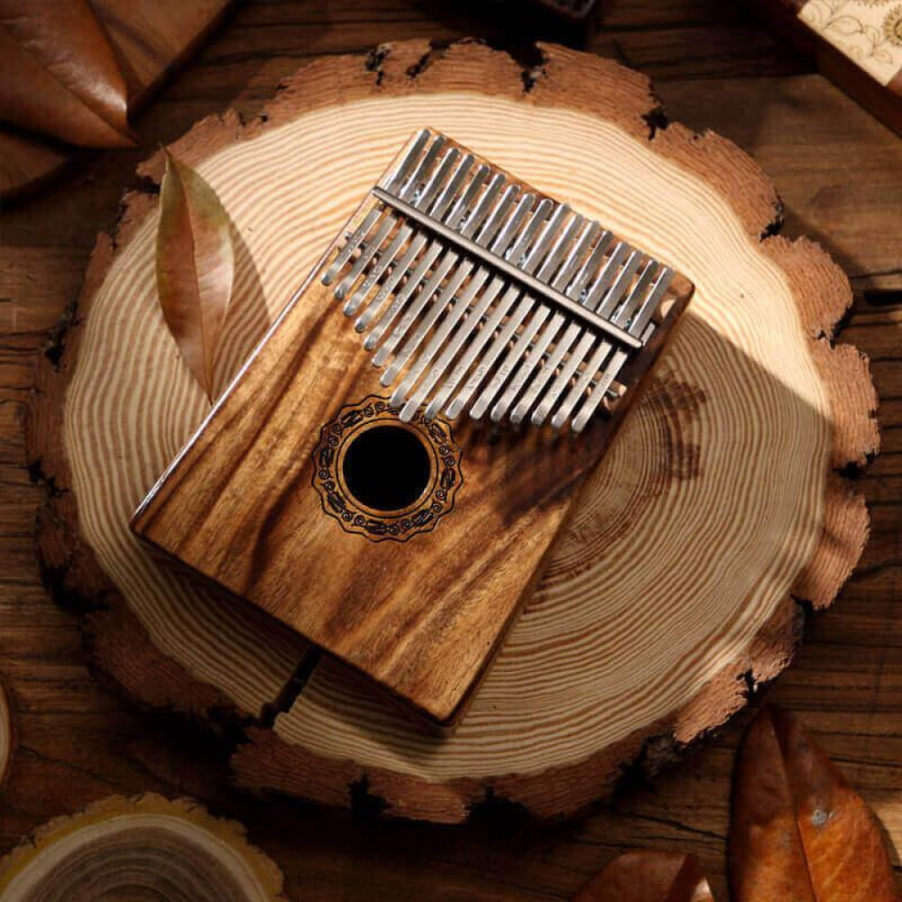 Wooden 17 Key Acacia Kalimba Thumb Piano with metal tines and round decorative hole