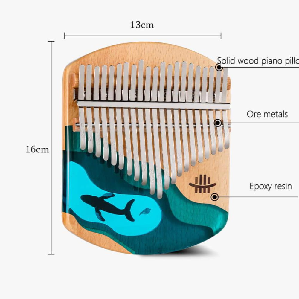 Wooden Kalimba thumb piano with shark design and turquoise resin inlay, 17 Key C Tone