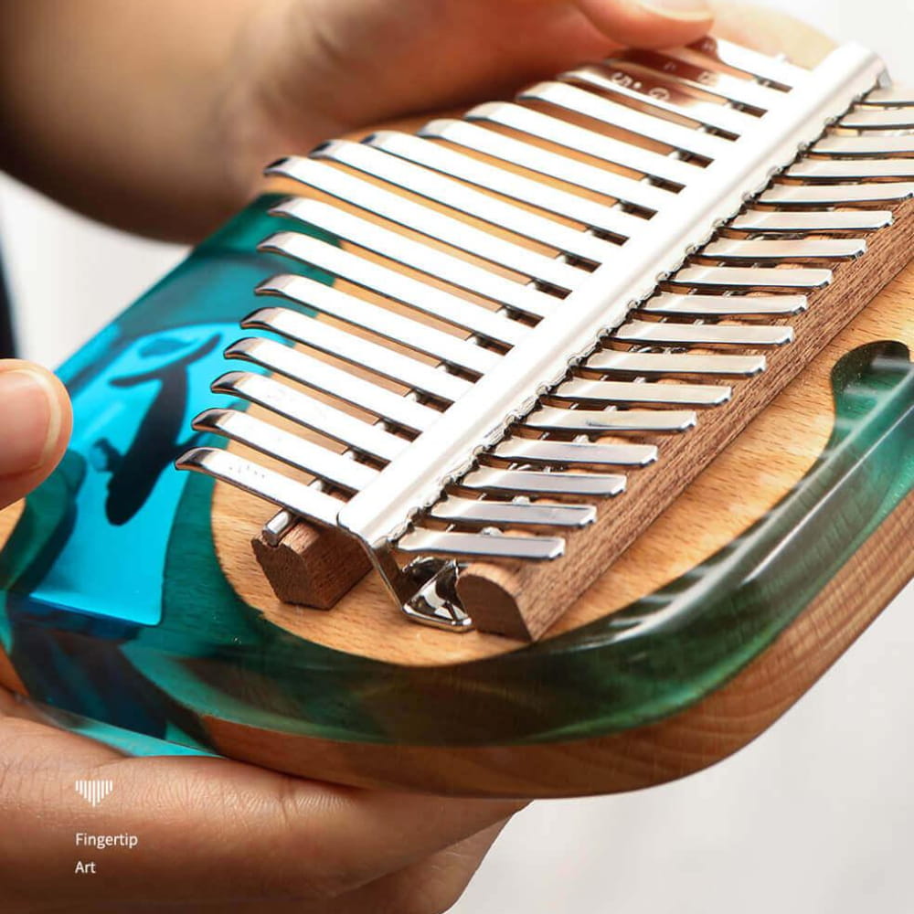 Kalimba 17 Key C Tone Thumb Piano with Deep Sea Blue Epoxy Resin and wooden base