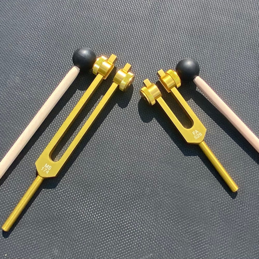 Golden Tuning Forks with Black Rubber Mallets for Healing and Sound Therapy