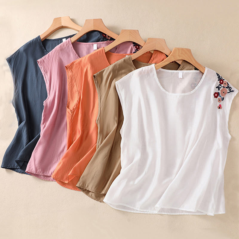 Cotton Linen Women's Embroidered Flower Vest for Spiritual Wear