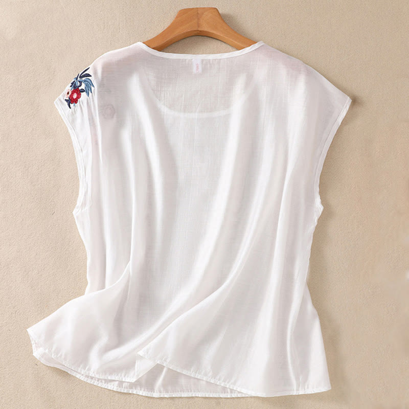 Cotton Linen Women's Embroidered Flower Vest for Spiritual Wear