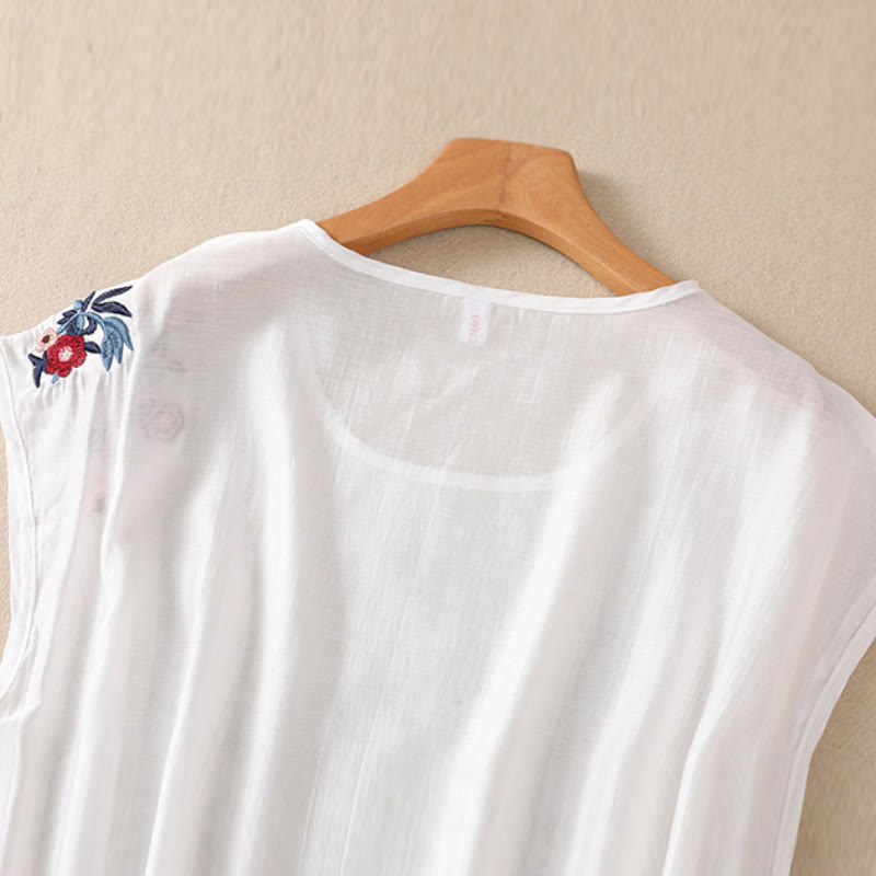 Cotton Linen Women's Embroidered Flower Vest for Spiritual Wear