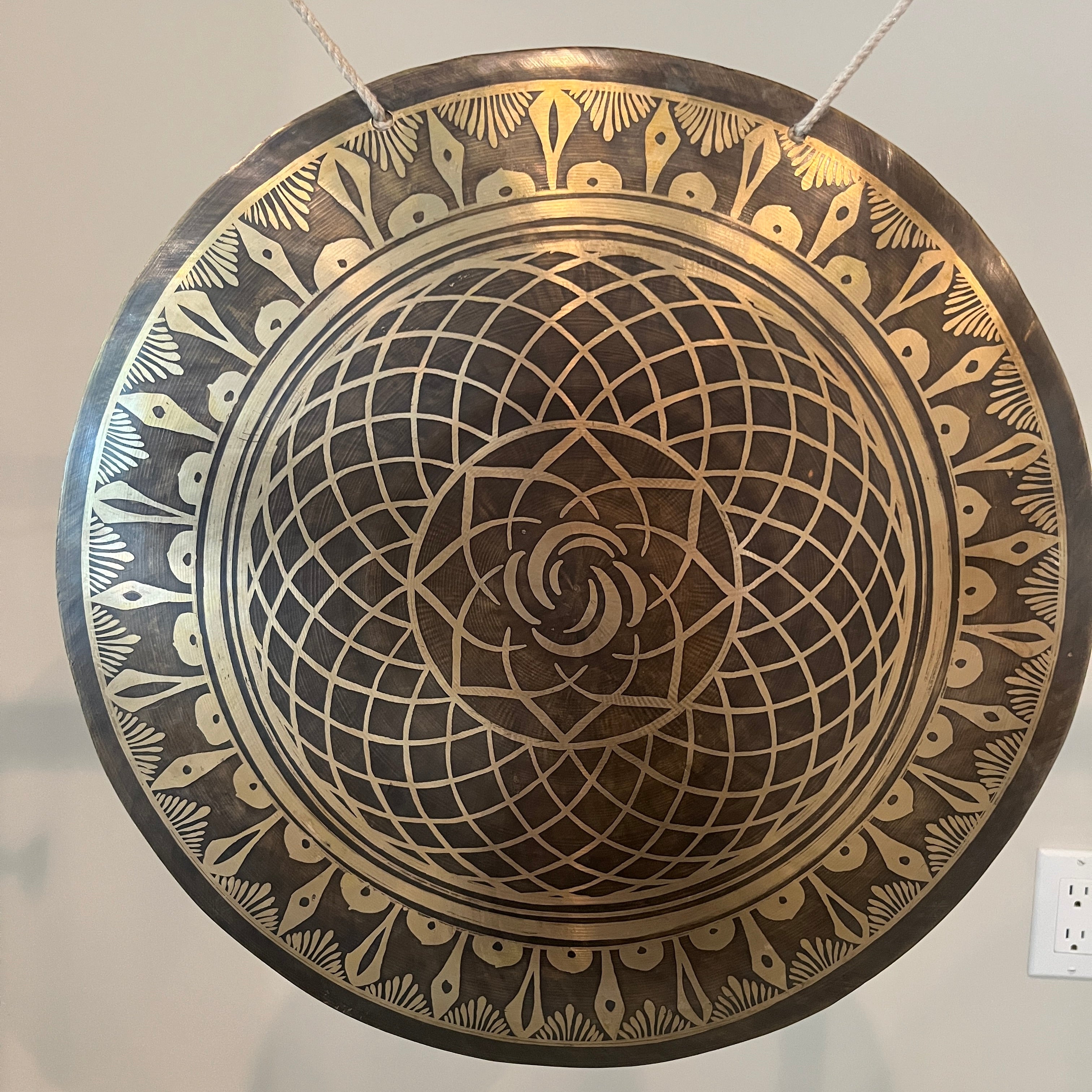 Decorative 18’’ Bronze Wind Gong Instrument with intricate geometric spiral pattern
